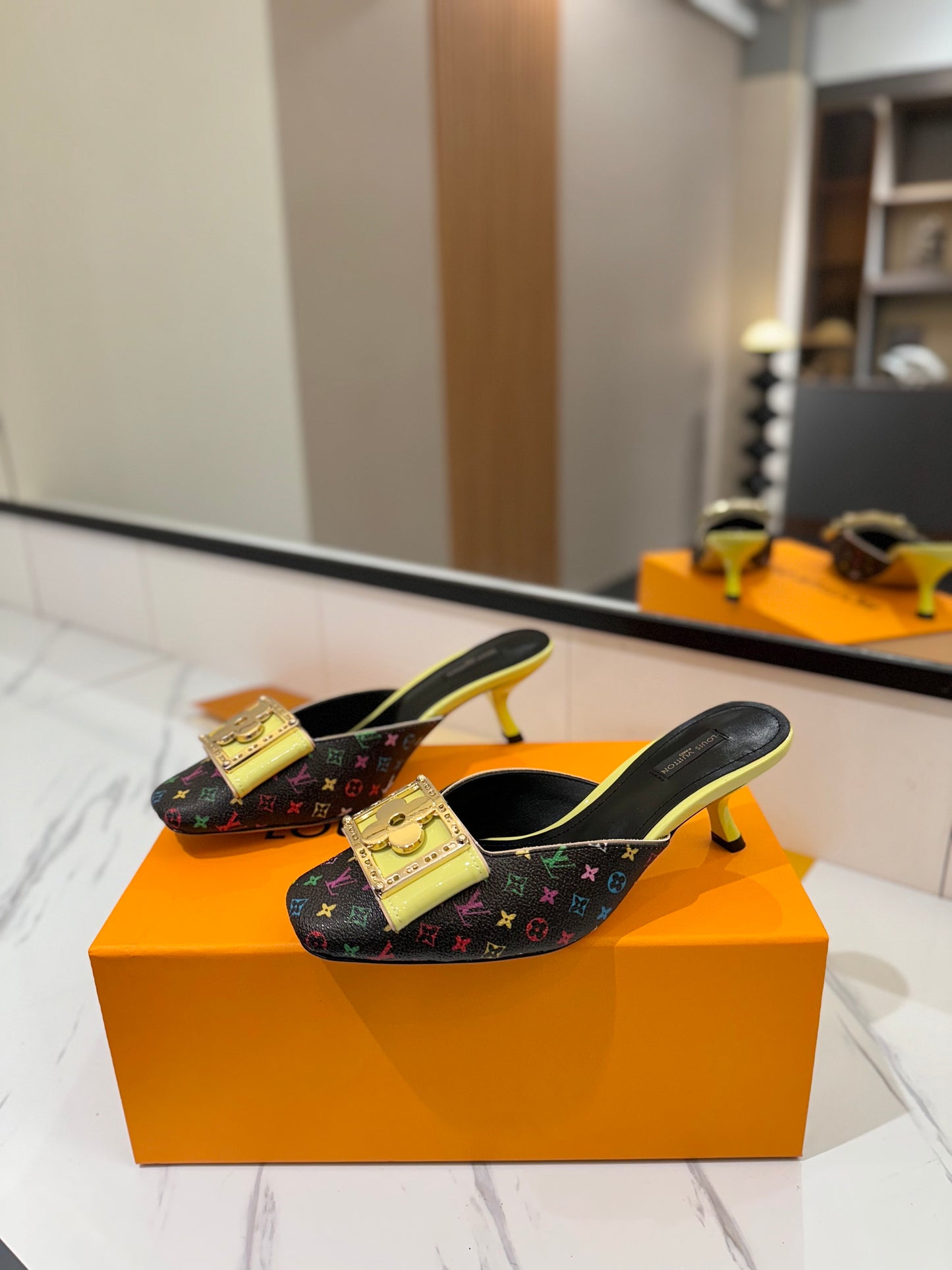 LV Monogram Multicolore Kitten Heel Mules – Black Coated Canvas Slip-On Shoes