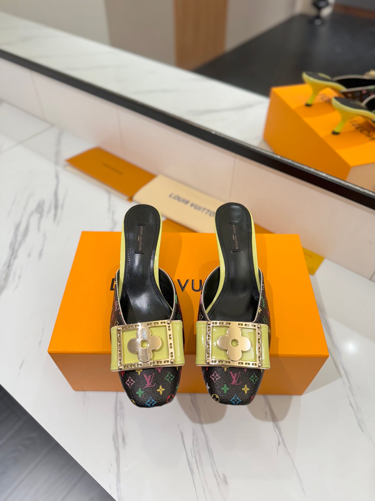 LV Monogram Multicolore Kitten Heel Mules – Black Coated Canvas Slip-On Shoes