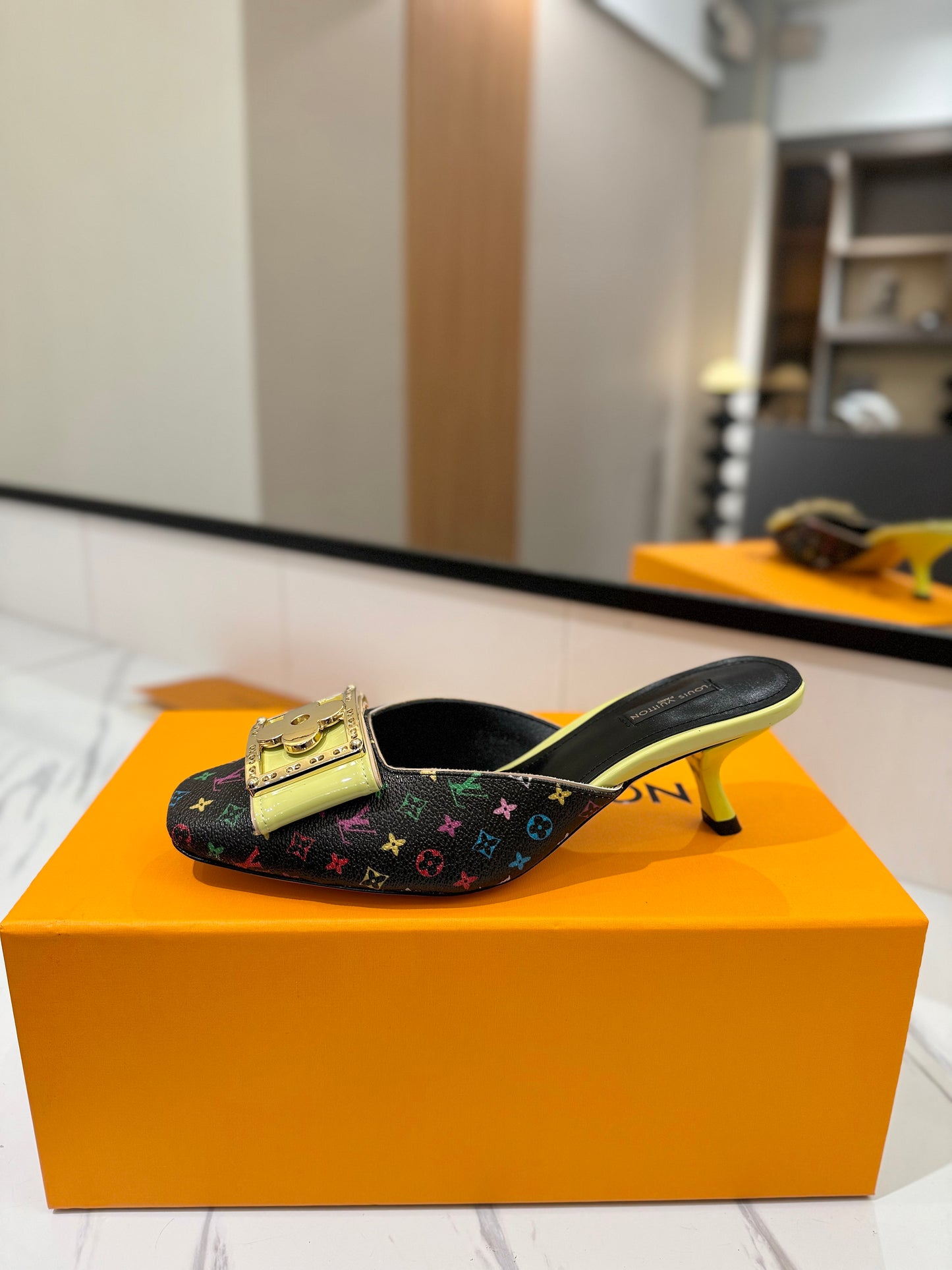 LV Monogram Multicolore Kitten Heel Mules – Black Coated Canvas Slip-On Shoes