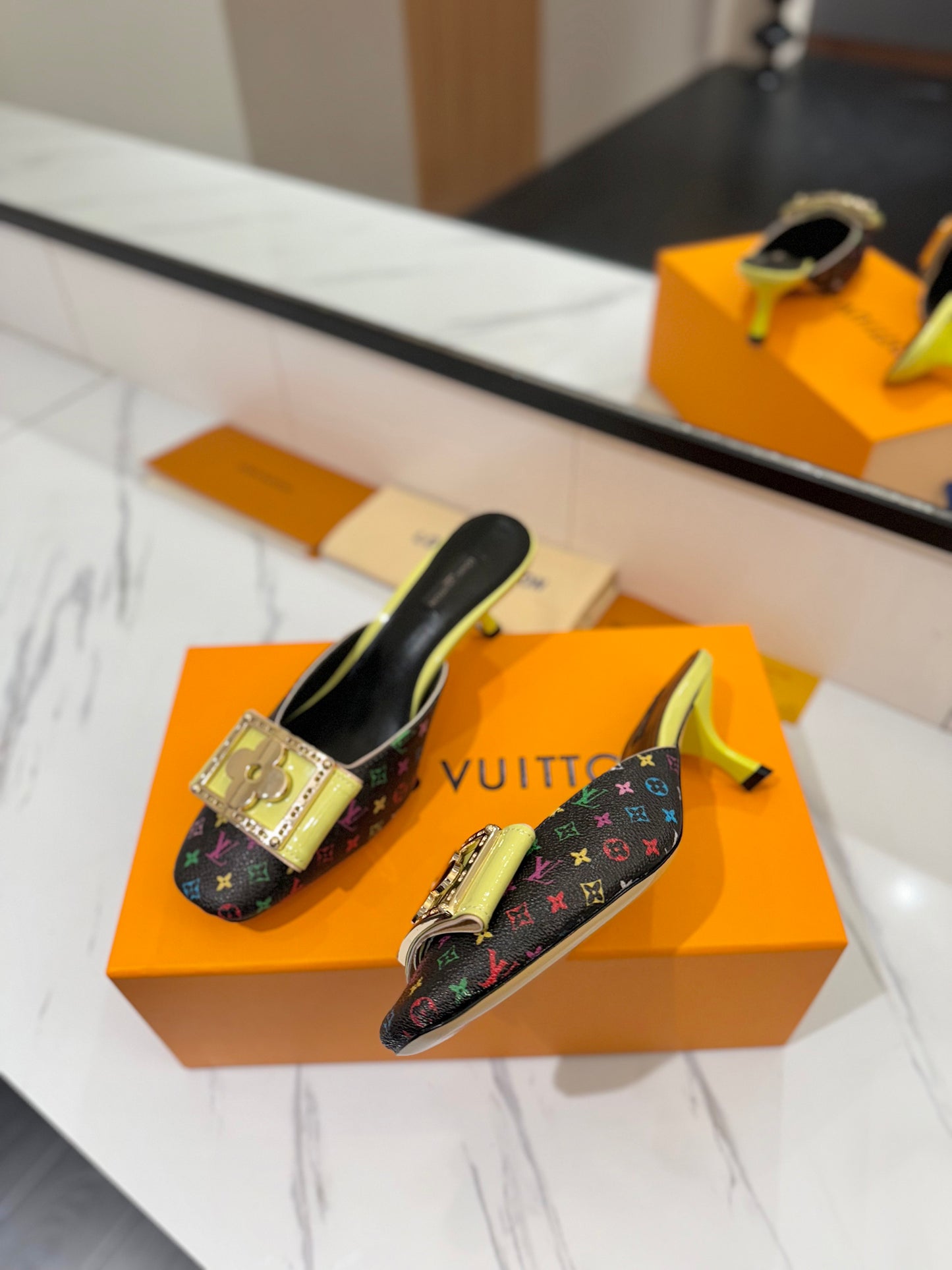 LV Monogram Multicolore Kitten Heel Mules – Black Coated Canvas Slip-On Shoes