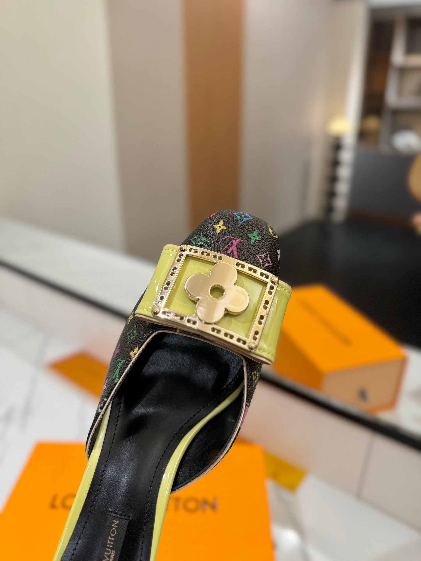 LV Monogram Multicolore Kitten Heel Mules – Black Coated Canvas Slip-On Shoes