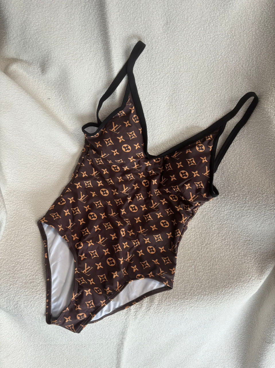 LV Monogram One-Piece Swimsuit – Iconic Brown with Gold V-Hardware