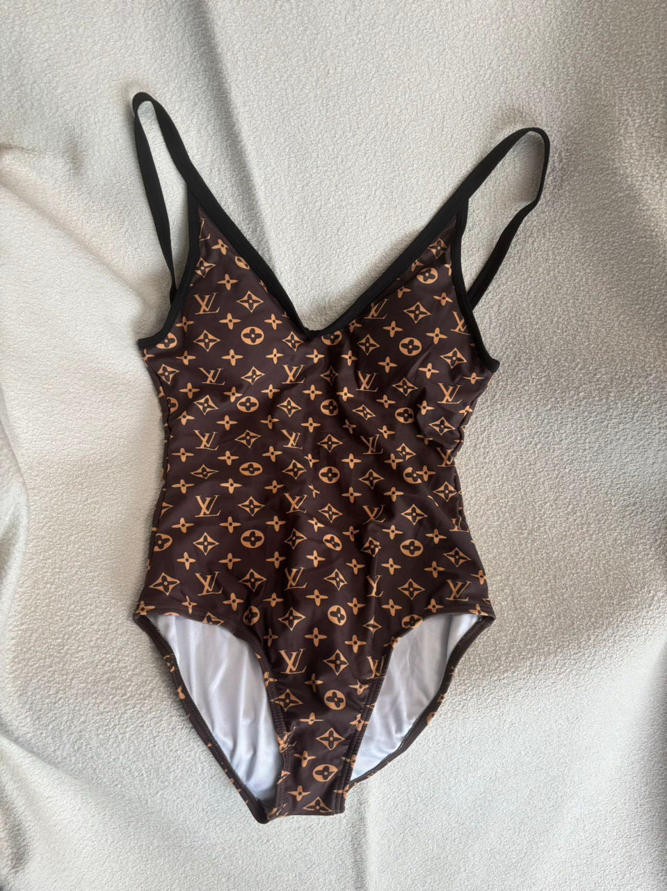 LV Monogram One-Piece Swimsuit – Iconic Brown with Gold V-Hardware