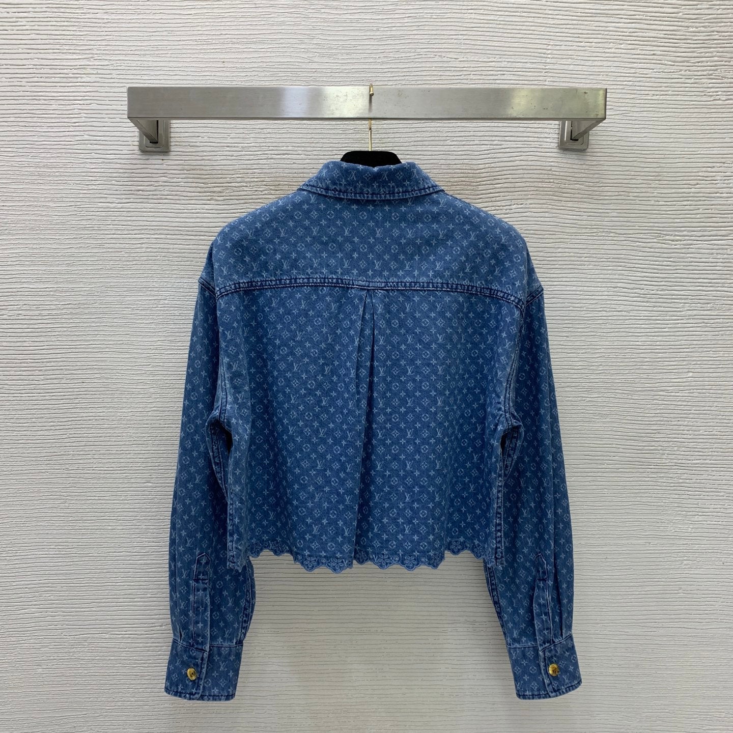 LV Monogram Scalloped Denim Set – Vintage Cropped Shirt and High-Waisted Wide-Leg Jeans
