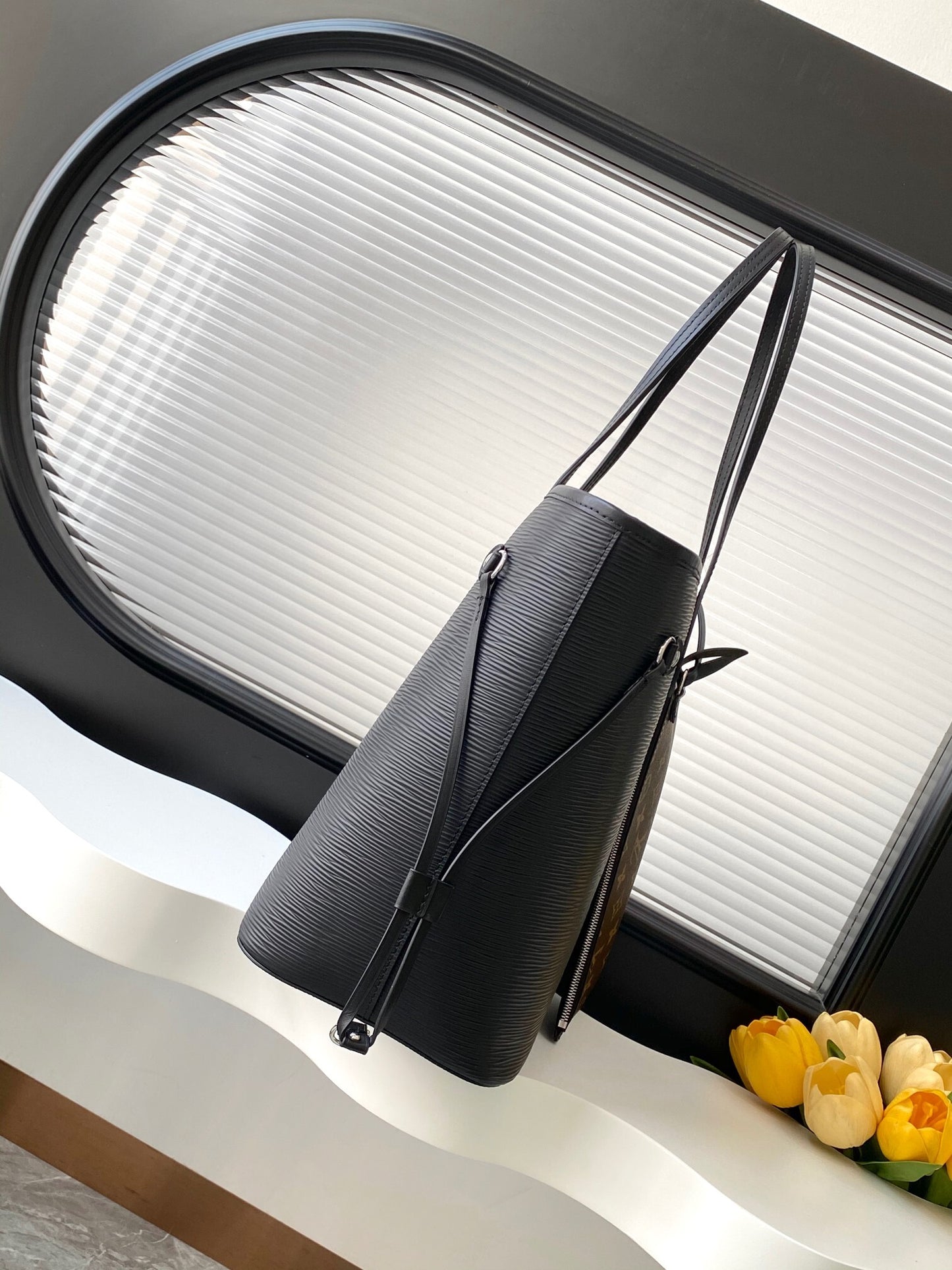Neverfull MM – Black Epi Leather Tote Bag with Removable Monogram Pouch