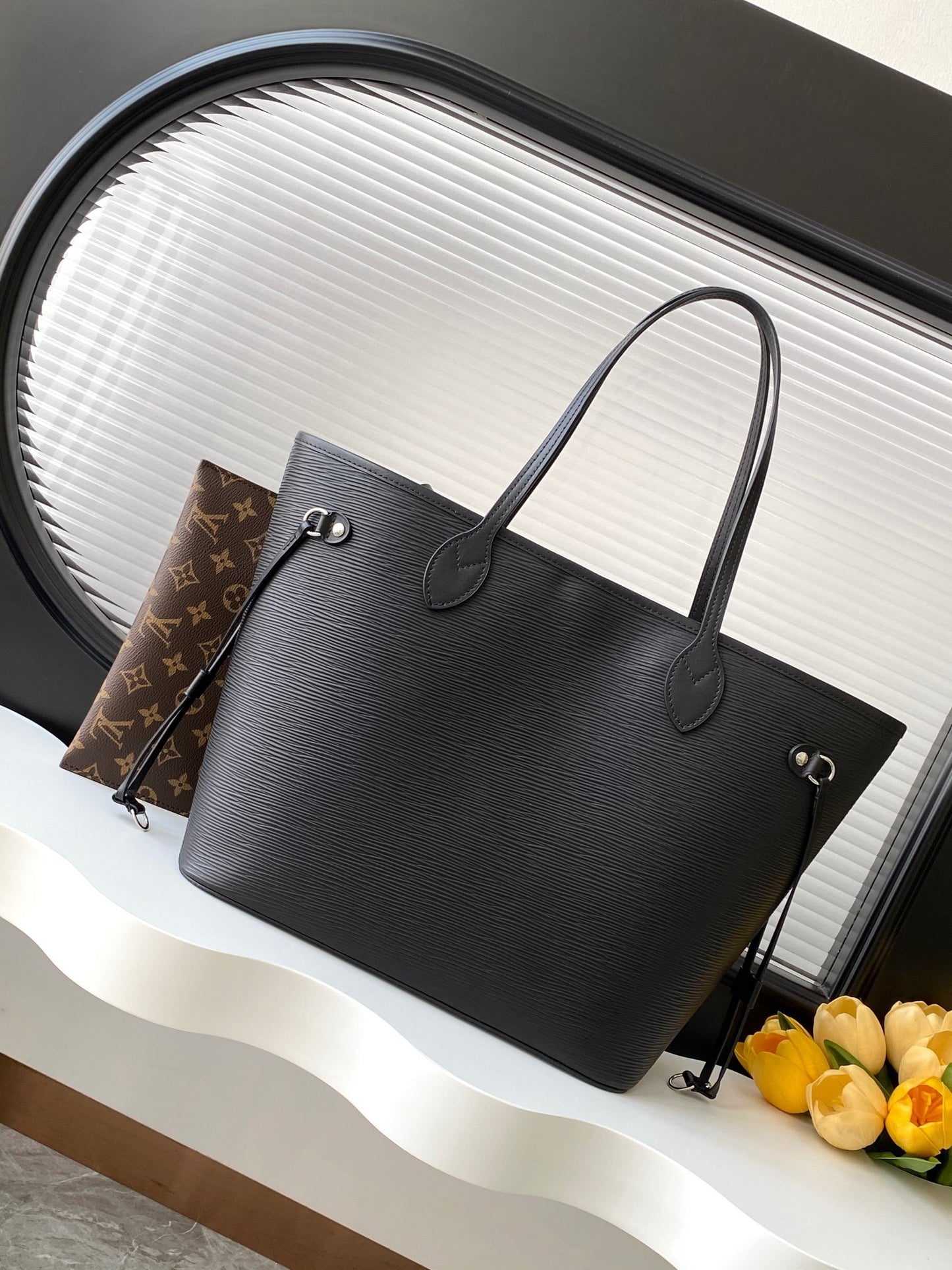 Neverfull MM – Black Epi Leather Tote Bag with Removable Monogram Pouch