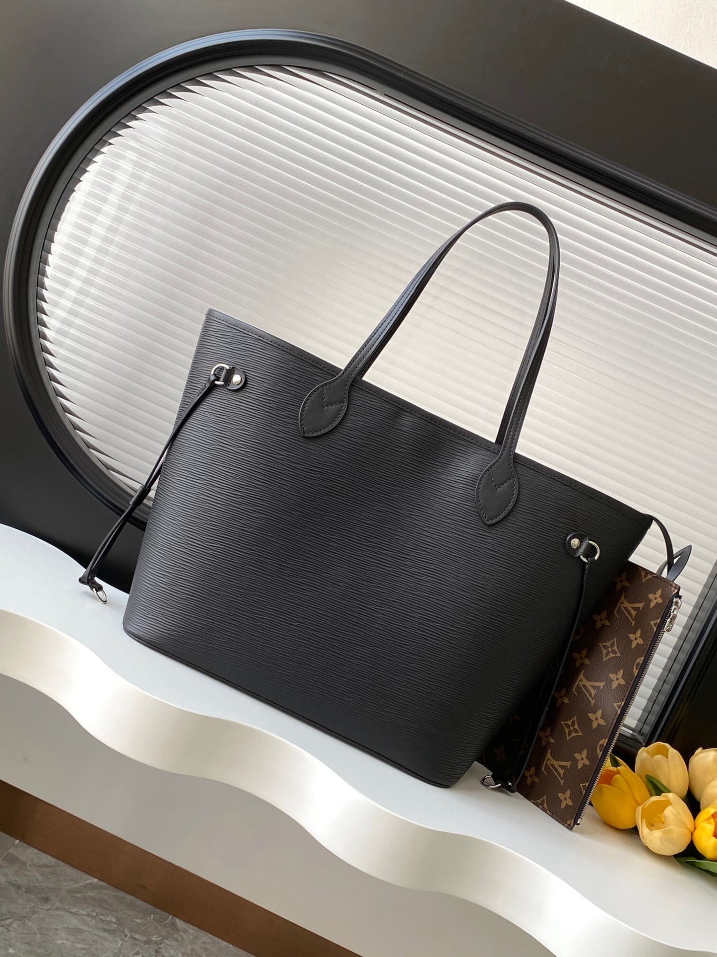 Neverfull MM – Black Epi Leather Tote Bag with Removable Monogram Pouch