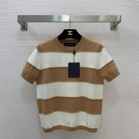 LV Openwork Striped Knit Top – Navy Blue & Optic White Wool-Cashmere Short-Sleeved Sweater