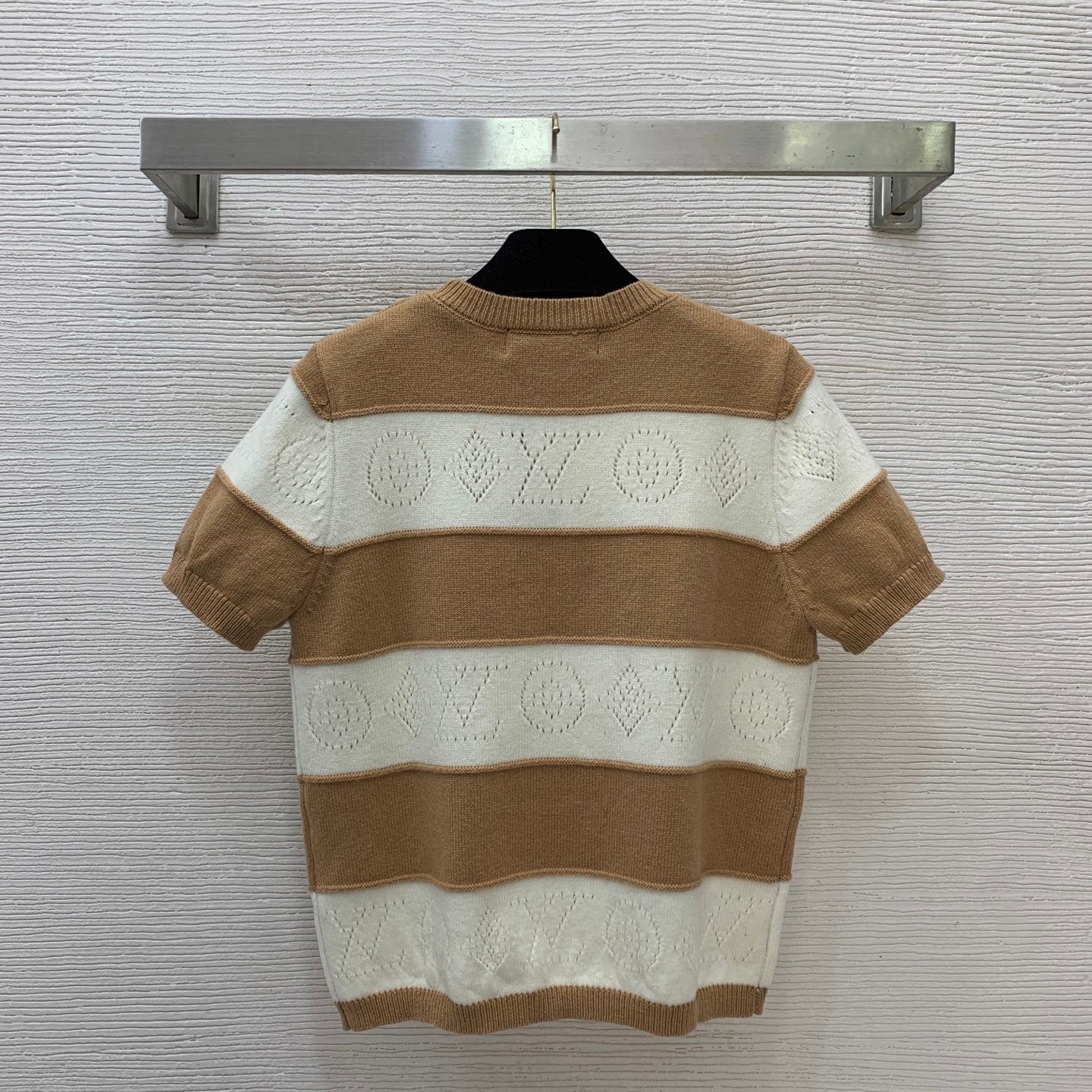 LV Openwork Striped Knit Top – Navy Blue & Optic White Wool-Cashmere Short-Sleeved Sweater