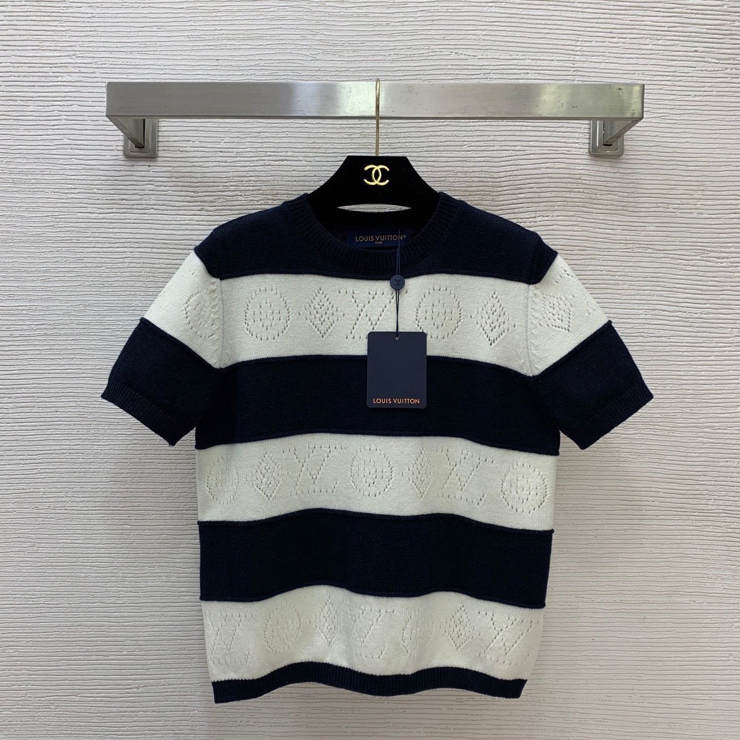 LV Openwork Striped Knit Top – Navy Blue & Optic White Wool-Cashmere Short-Sleeved Sweater