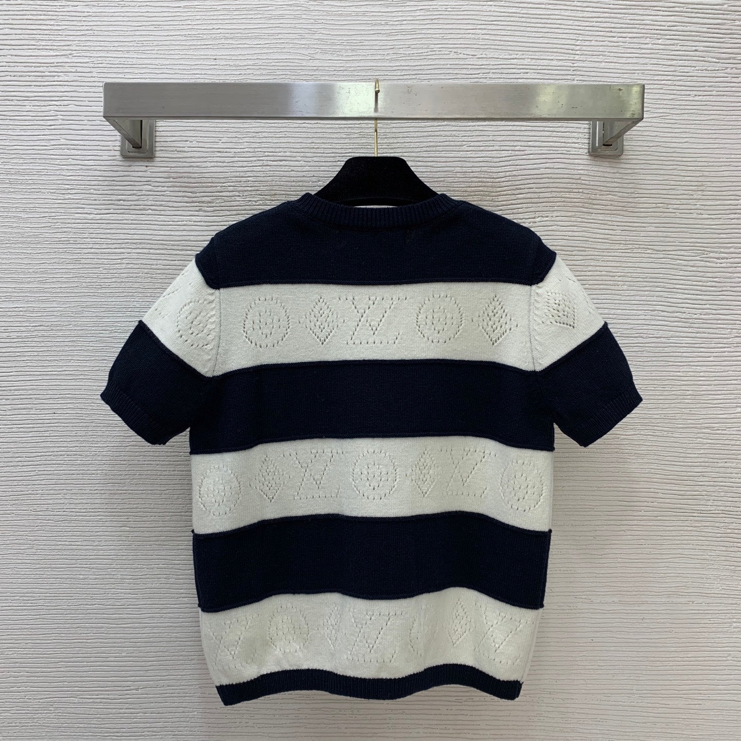 LV Openwork Striped Knit Top – Navy Blue & Optic White Wool-Cashmere Short-Sleeved Sweater