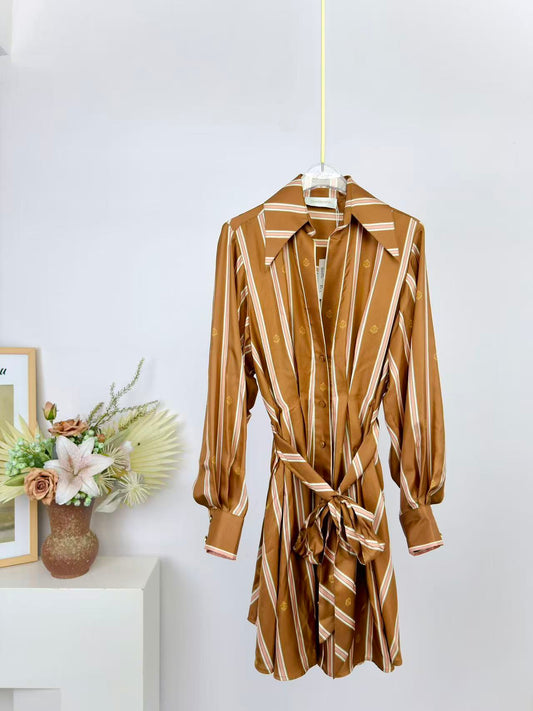 Emblem Tuck Silk Mini Dress – Caramel Tan Striped Silk Satin Shirt Dress