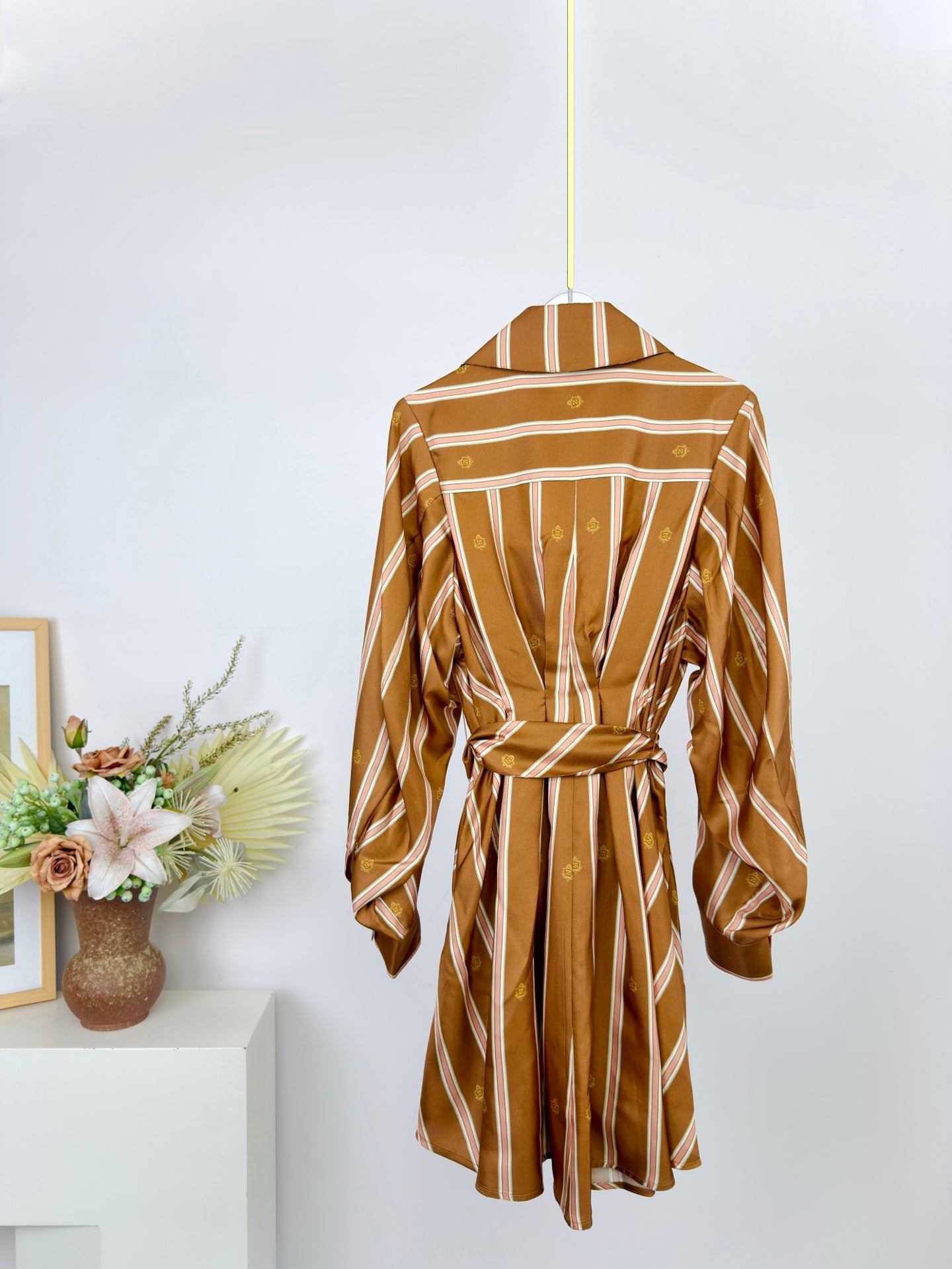Emblem Tuck Silk Mini Dress – Caramel Tan Striped Silk Satin Shirt Dress