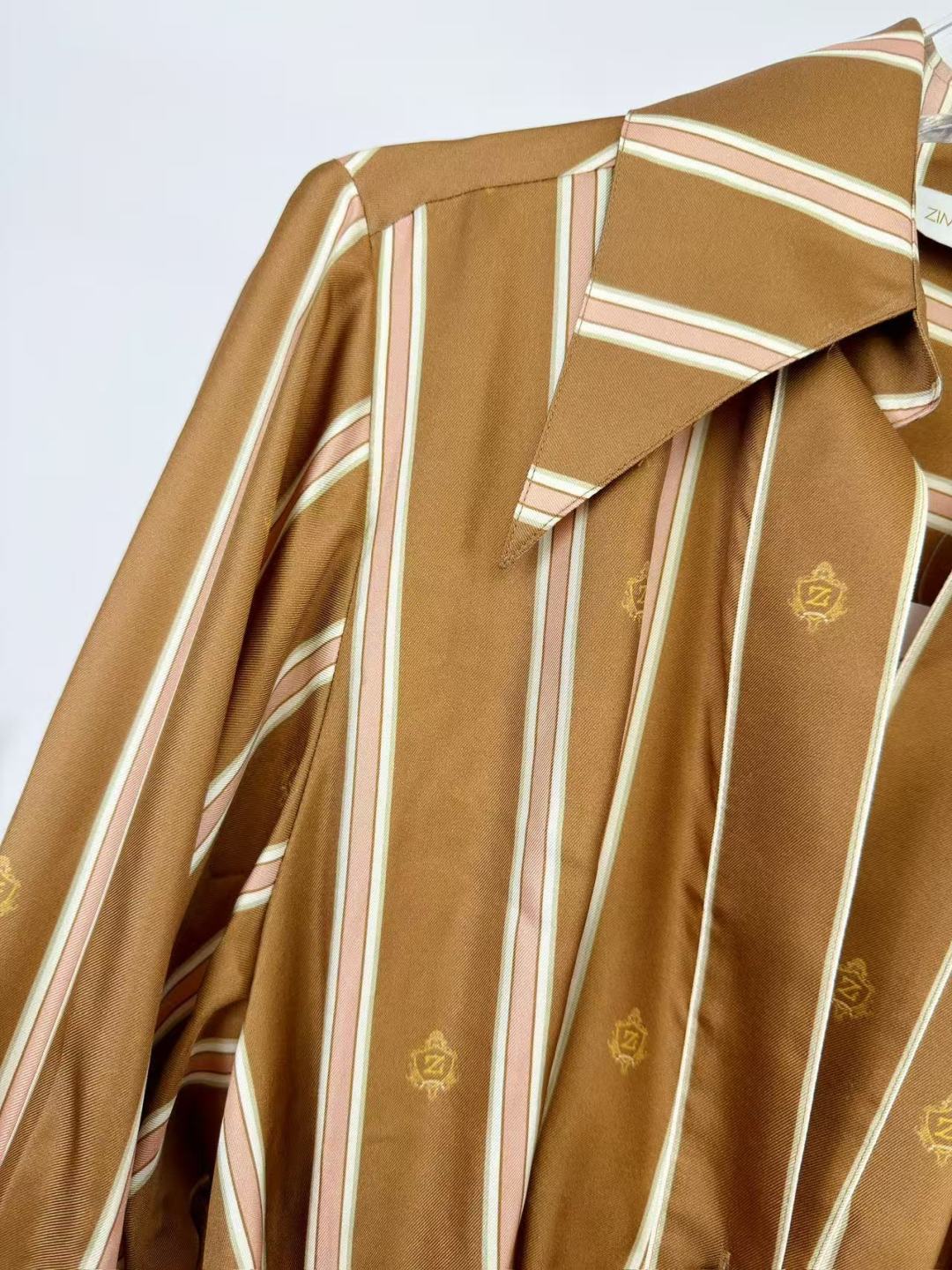 Emblem Tuck Silk Mini Dress – Caramel Tan Striped Silk Satin Shirt Dress