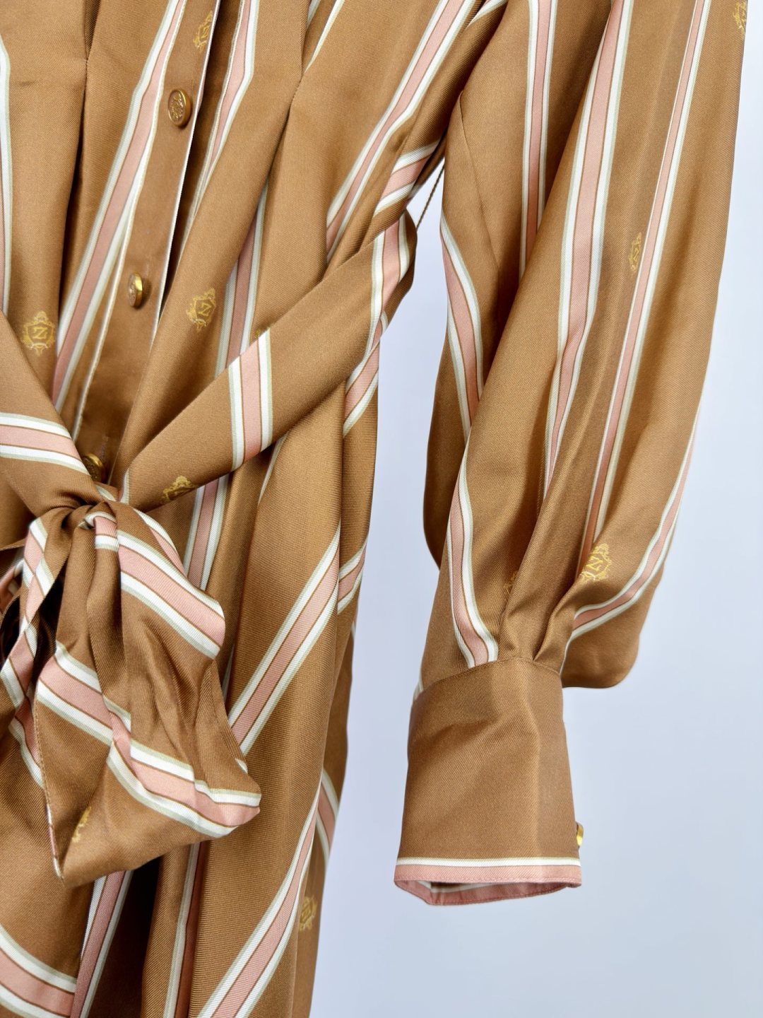 Emblem Tuck Silk Mini Dress – Caramel Tan Striped Silk Satin Shirt Dress