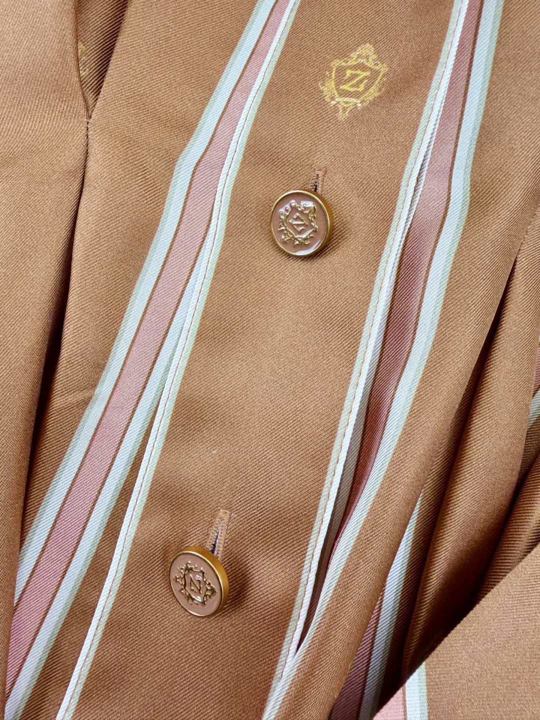 Emblem Tuck Silk Mini Dress – Caramel Tan Striped Silk Satin Shirt Dress