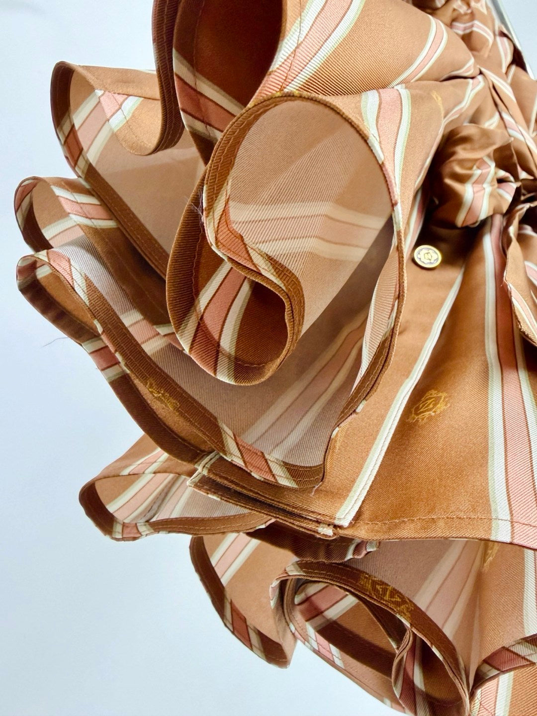 Emblem Tuck Silk Mini Dress – Caramel Tan Striped Silk Satin Shirt Dress