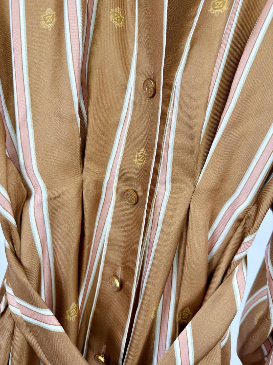 Emblem Tuck Silk Mini Dress – Caramel Tan Striped Silk Satin Shirt Dress