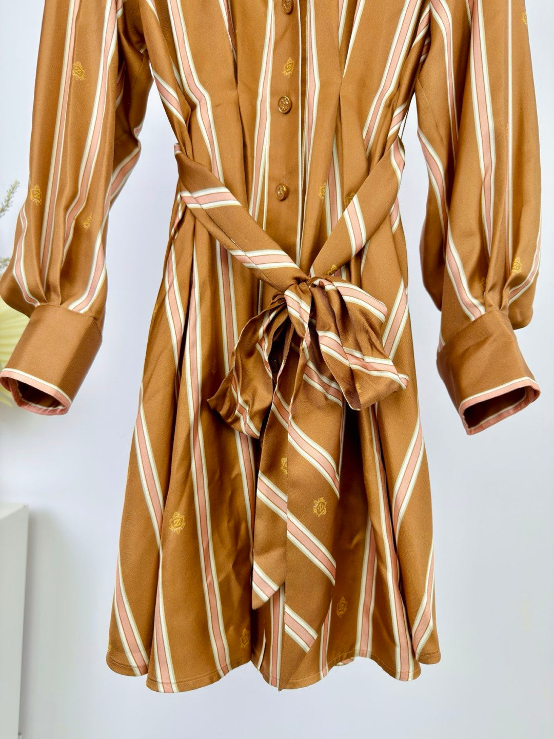Emblem Tuck Silk Mini Dress – Caramel Tan Striped Silk Satin Shirt Dress