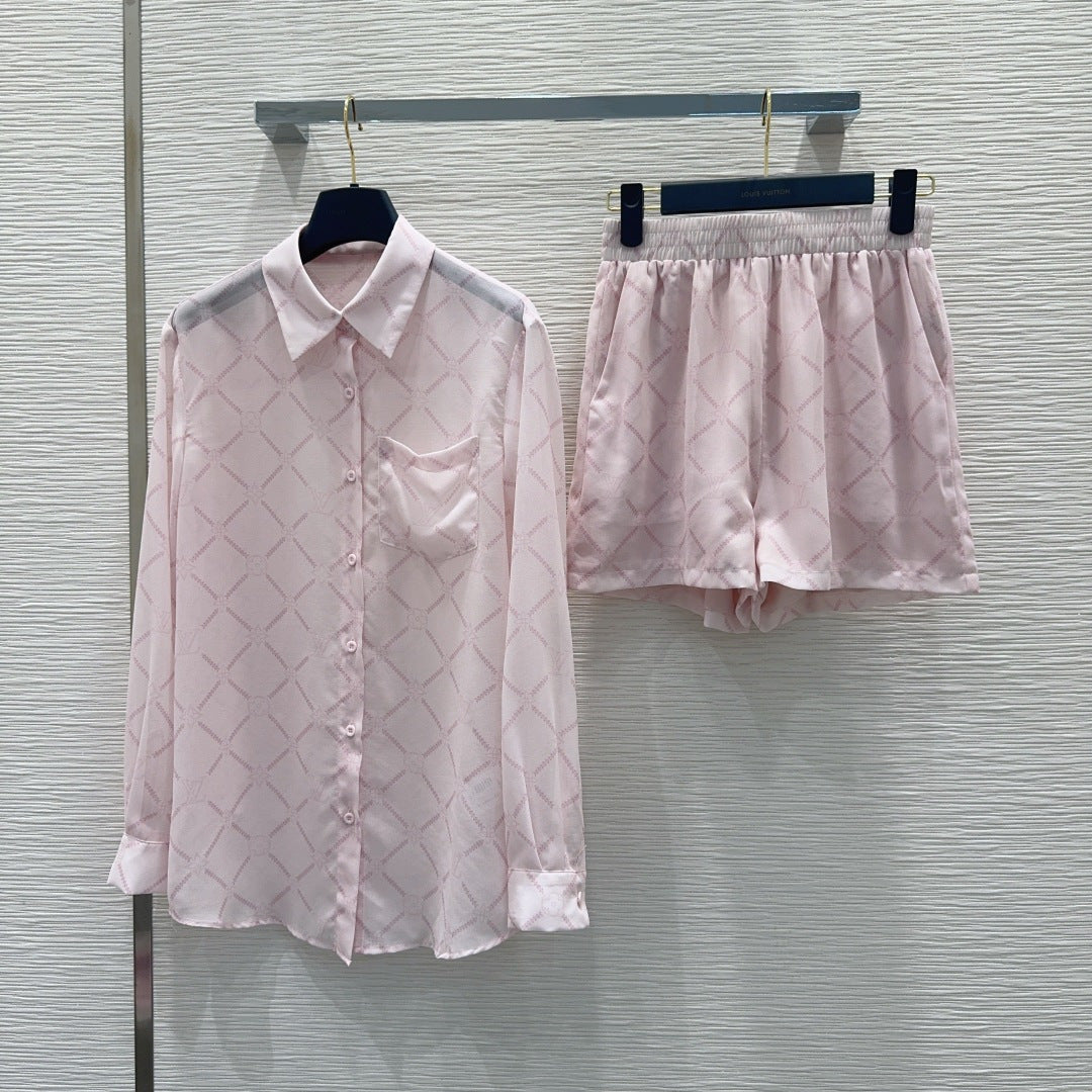 LV Monogram Tiles Co-ord Set – Pastel Pink Whisper-Weight Silk-Blend Loungewear Set