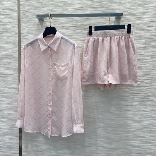 LV Monogram Tiles Co-ord Set – Pastel Pink Whisper-Weight Silk-Blend Loungewear Set
