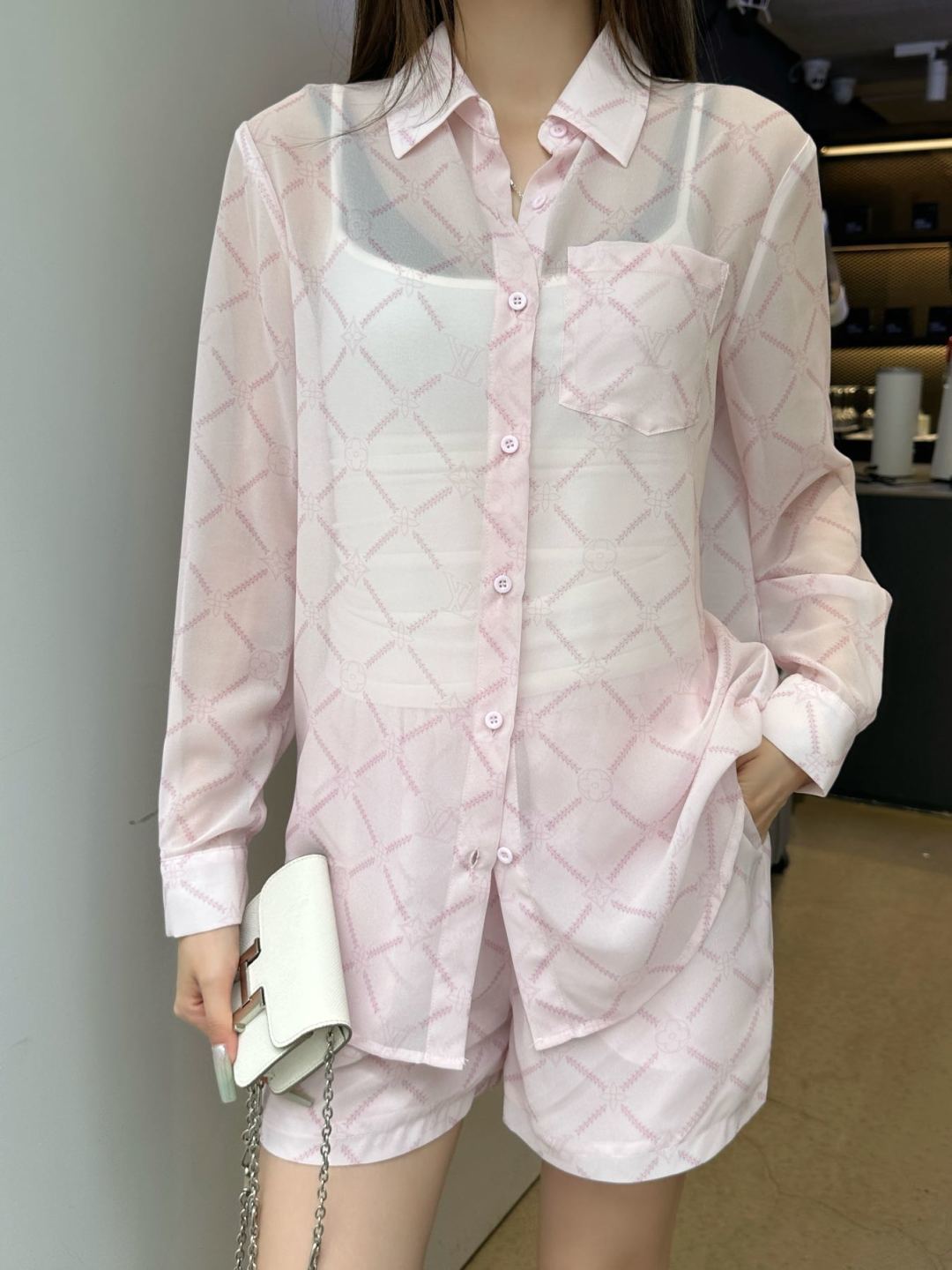 LV Monogram Tiles Co-ord Set – Pastel Pink Whisper-Weight Silk-Blend Loungewear Set