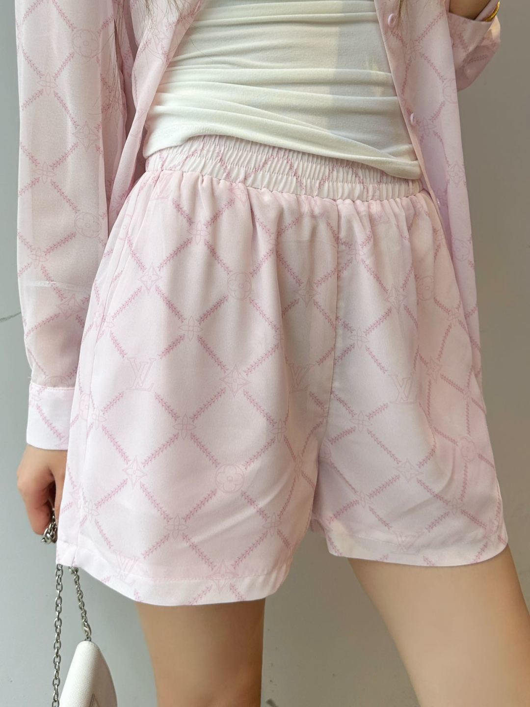 LV Monogram Tiles Co-ord Set – Pastel Pink Whisper-Weight Silk-Blend Loungewear Set