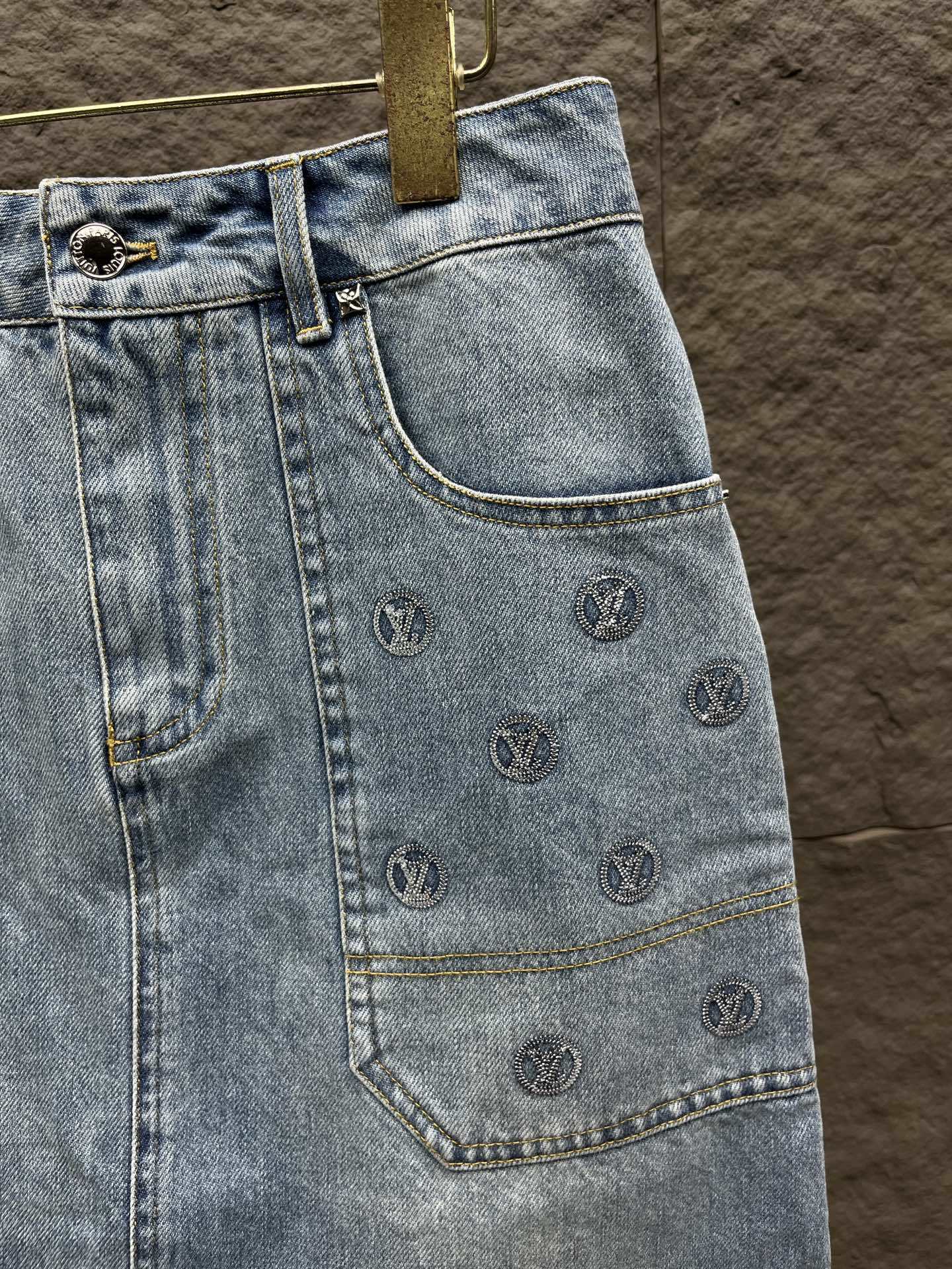 Sequin Denim Mini Skirt – Light Blue Stone-Washed Cotton A-Line with Silver LV Circle Medallions