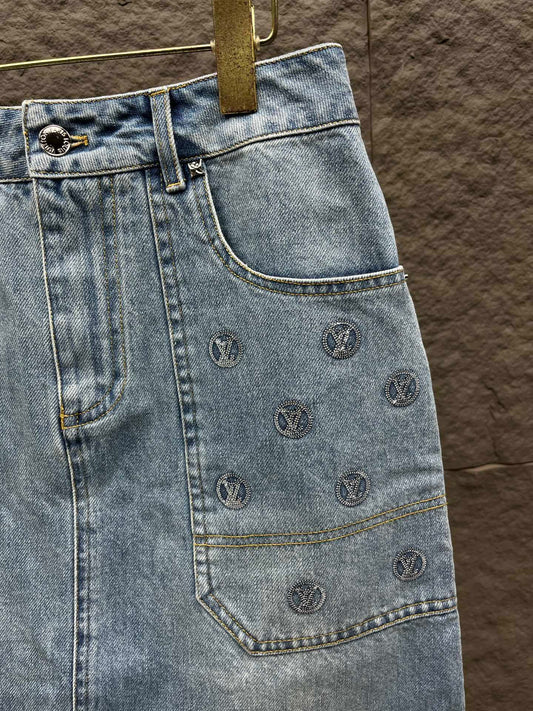 Sequin Denim Mini Skirt – Light Blue Stone-Washed Cotton A-Line with Silver LV Circle Medallions