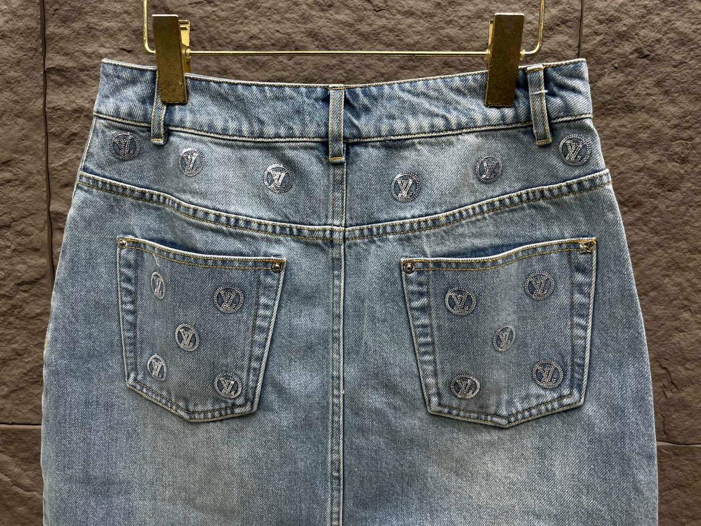 Sequin Denim Mini Skirt – Light Blue Stone-Washed Cotton A-Line with Silver LV Circle Medallions