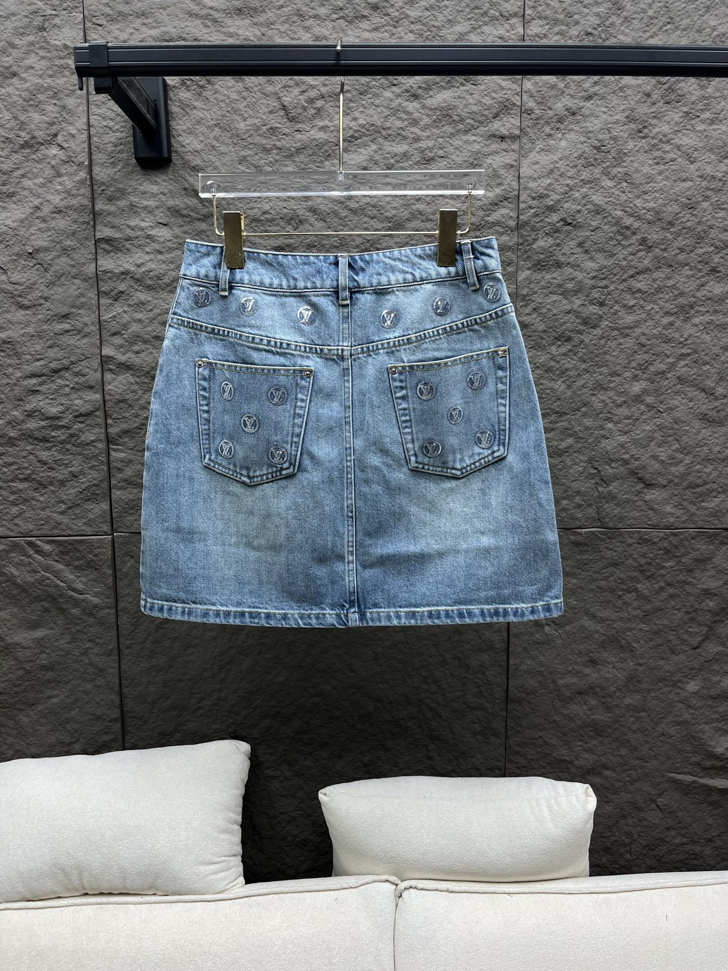 Sequin Denim Mini Skirt – Light Blue Stone-Washed Cotton A-Line with Silver LV Circle Medallions
