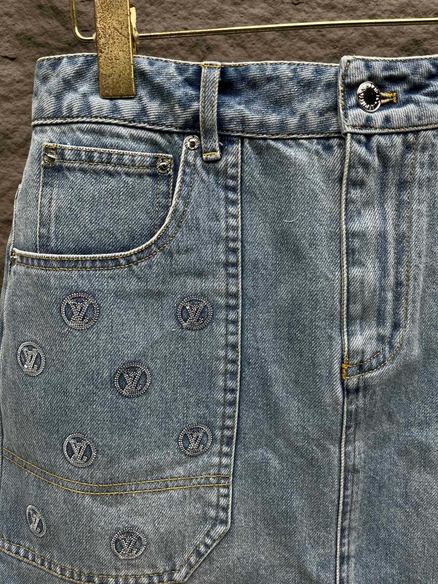 Sequin Denim Mini Skirt – Light Blue Stone-Washed Cotton A-Line with Silver LV Circle Medallions