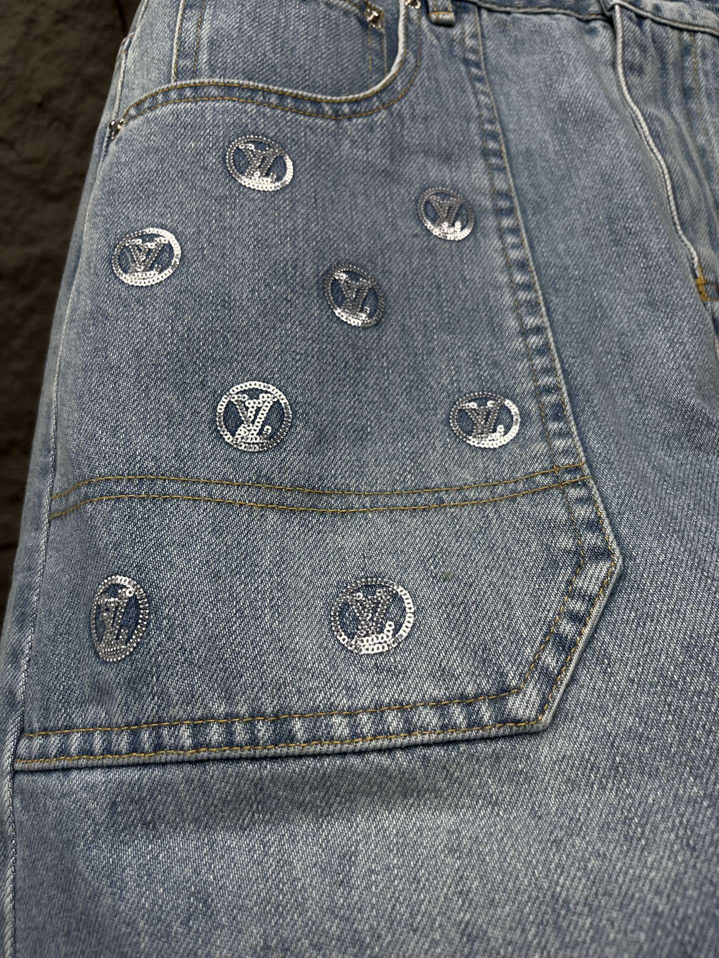 Sequin Denim Mini Skirt – Light Blue Stone-Washed Cotton A-Line with Silver LV Circle Medallions