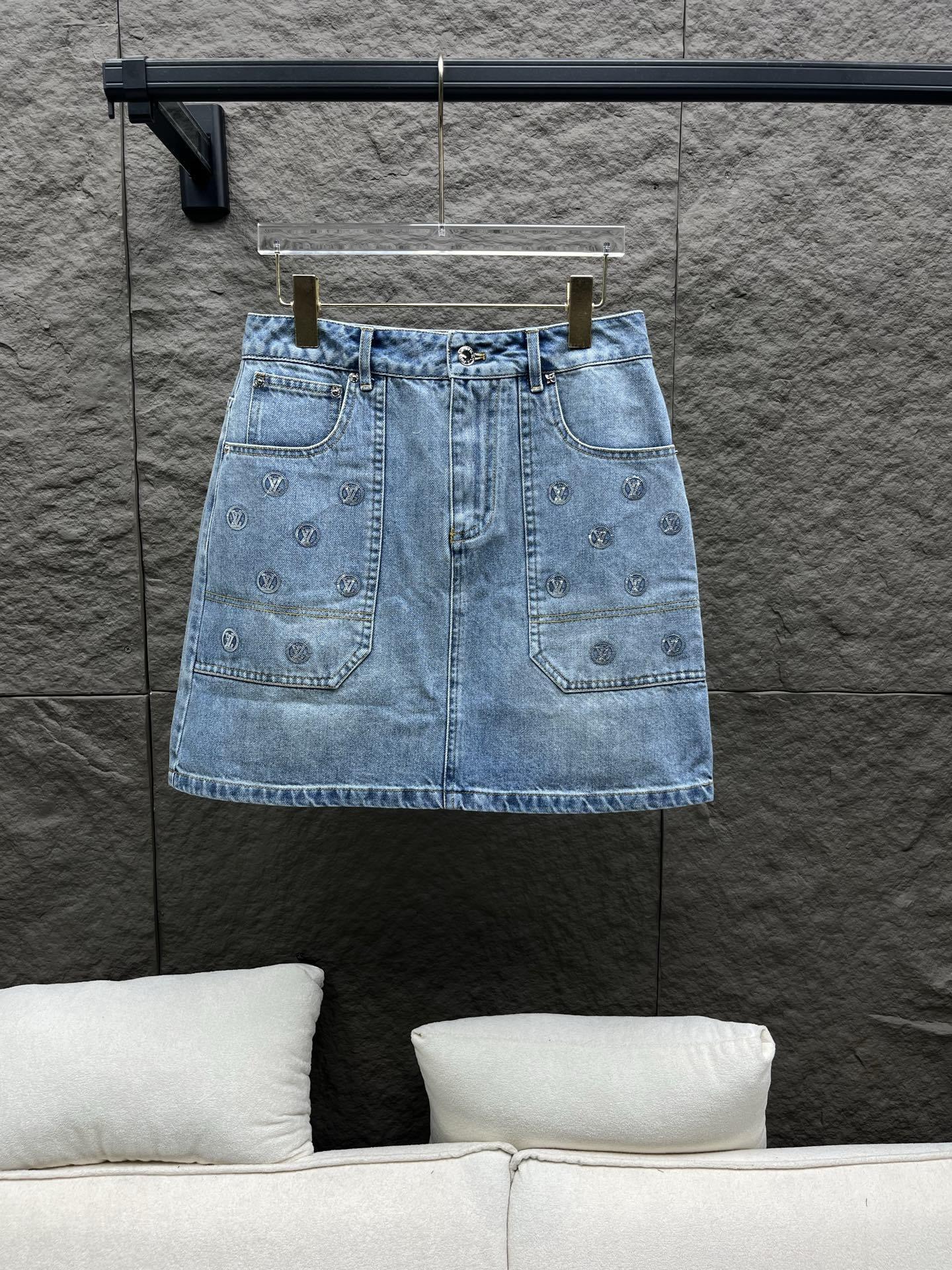 Sequin Denim Mini Skirt – Light Blue Stone-Washed Cotton A-Line with Silver LV Circle Medallions