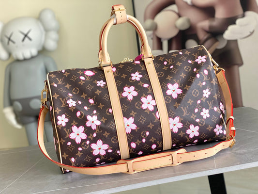 LV Monogram Cherry Blossom Keepall Bandoulière 45 – Archival Brown Monogram Canvas Travel Duffel