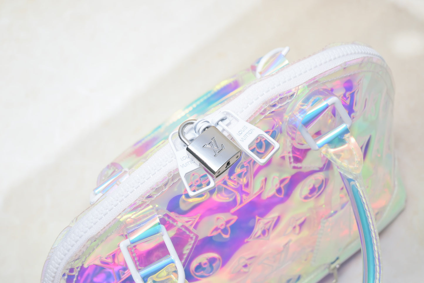 LV Monogram Prism Alma BB – Iridescent Monogram PVC with Matte White Hardware