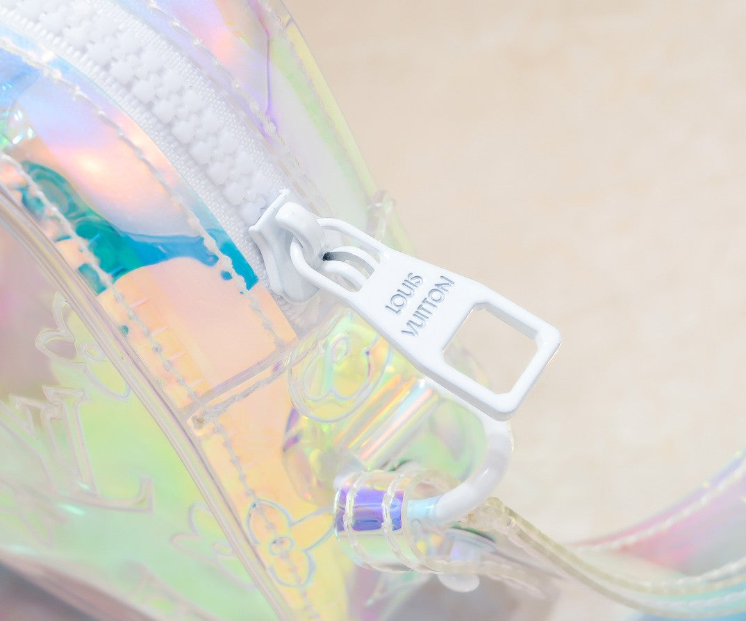 LV Monogram Prism Pochette Volga – Iridescent PVC with Matte White Resin Chain