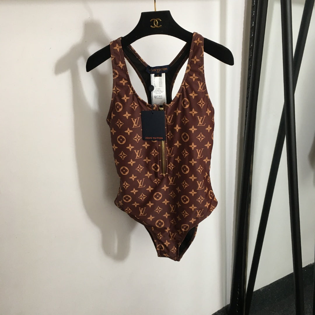 LV Monogram Technical Swimsuit – Zip-Front Racerback in Signature Ebony & Gold