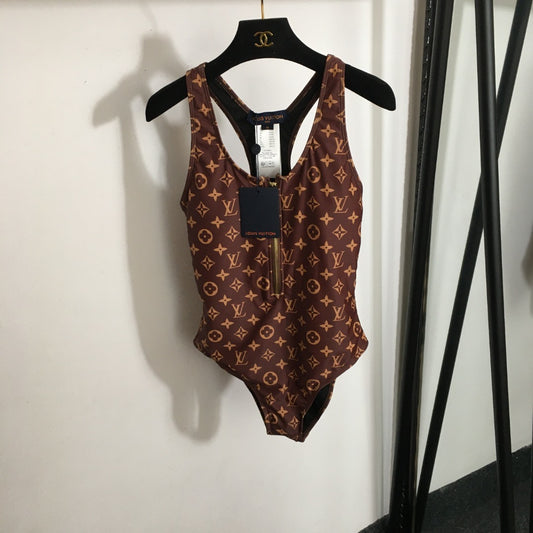 LV Monogram Technical Swimsuit – Zip-Front Racerback in Signature Ebony & Gold