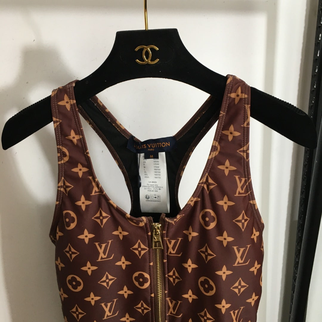 LV Monogram Technical Swimsuit – Zip-Front Racerback in Signature Ebony & Gold