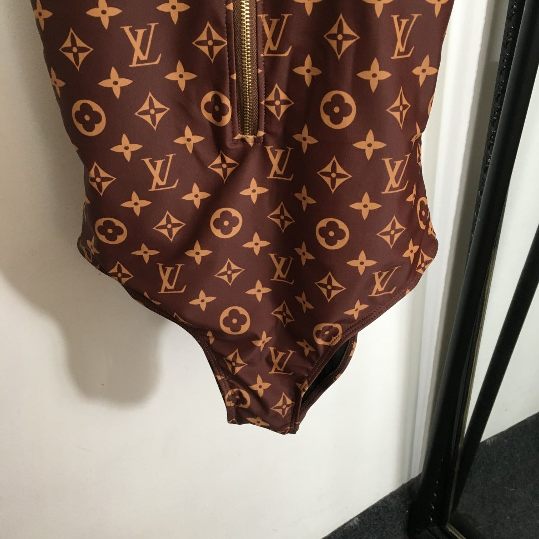LV Monogram Technical Swimsuit – Zip-Front Racerback in Signature Ebony & Gold