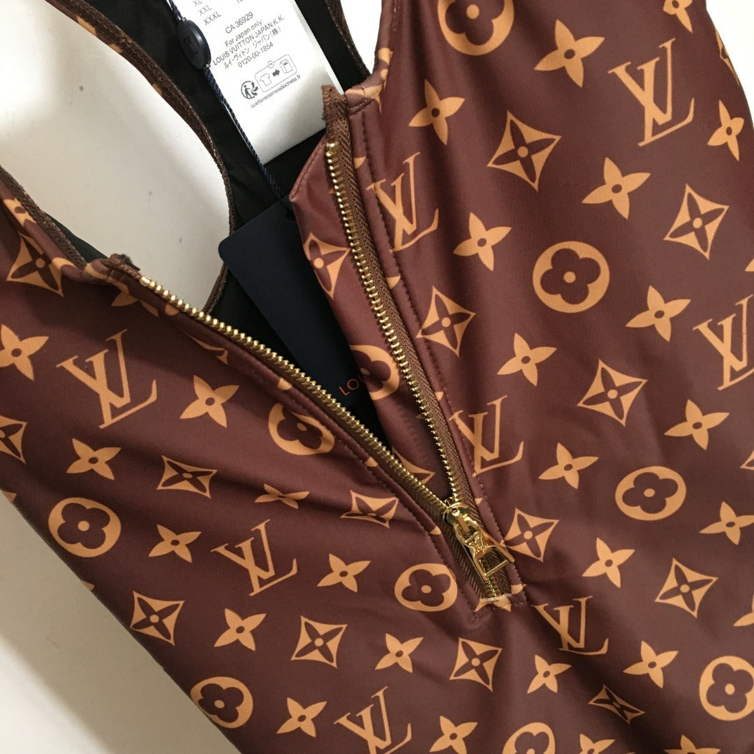 LV Monogram Technical Swimsuit – Zip-Front Racerback in Signature Ebony & Gold