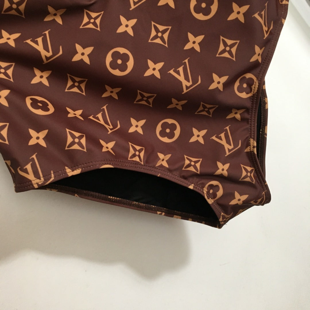 LV Monogram Technical Swimsuit – Zip-Front Racerback in Signature Ebony & Gold
