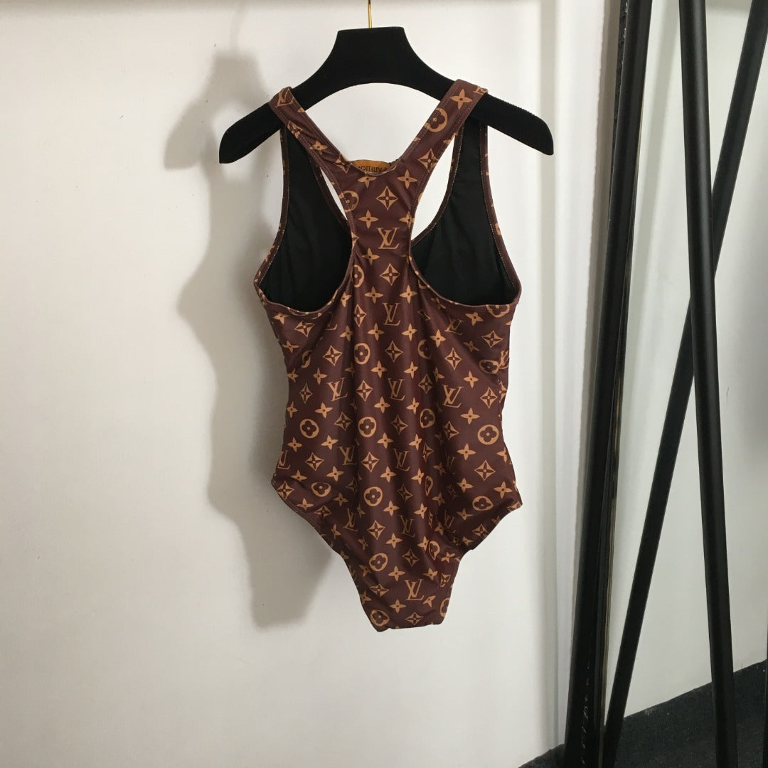 LV Monogram Technical Swimsuit – Zip-Front Racerback in Signature Ebony & Gold