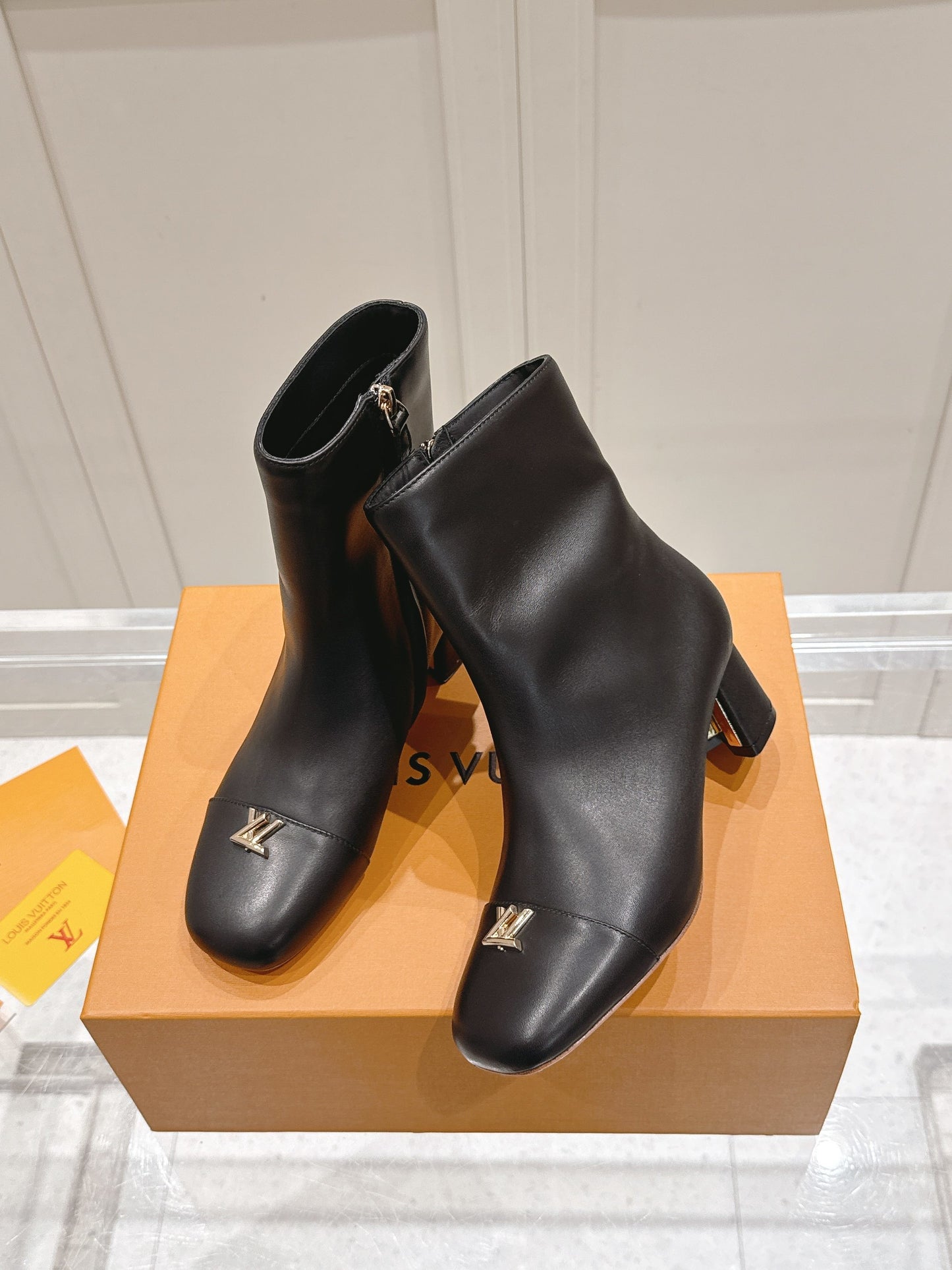LV Shake Ankle Boot – Matte Calfskin Block Heel Boots with Gold LV Twist Signature