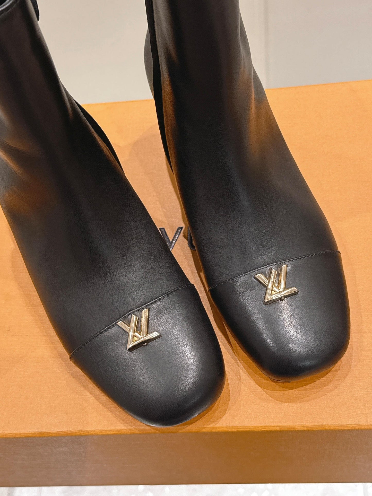 LV Shake Ankle Boot – Matte Calfskin Block Heel Boots with Gold LV Twist Signature