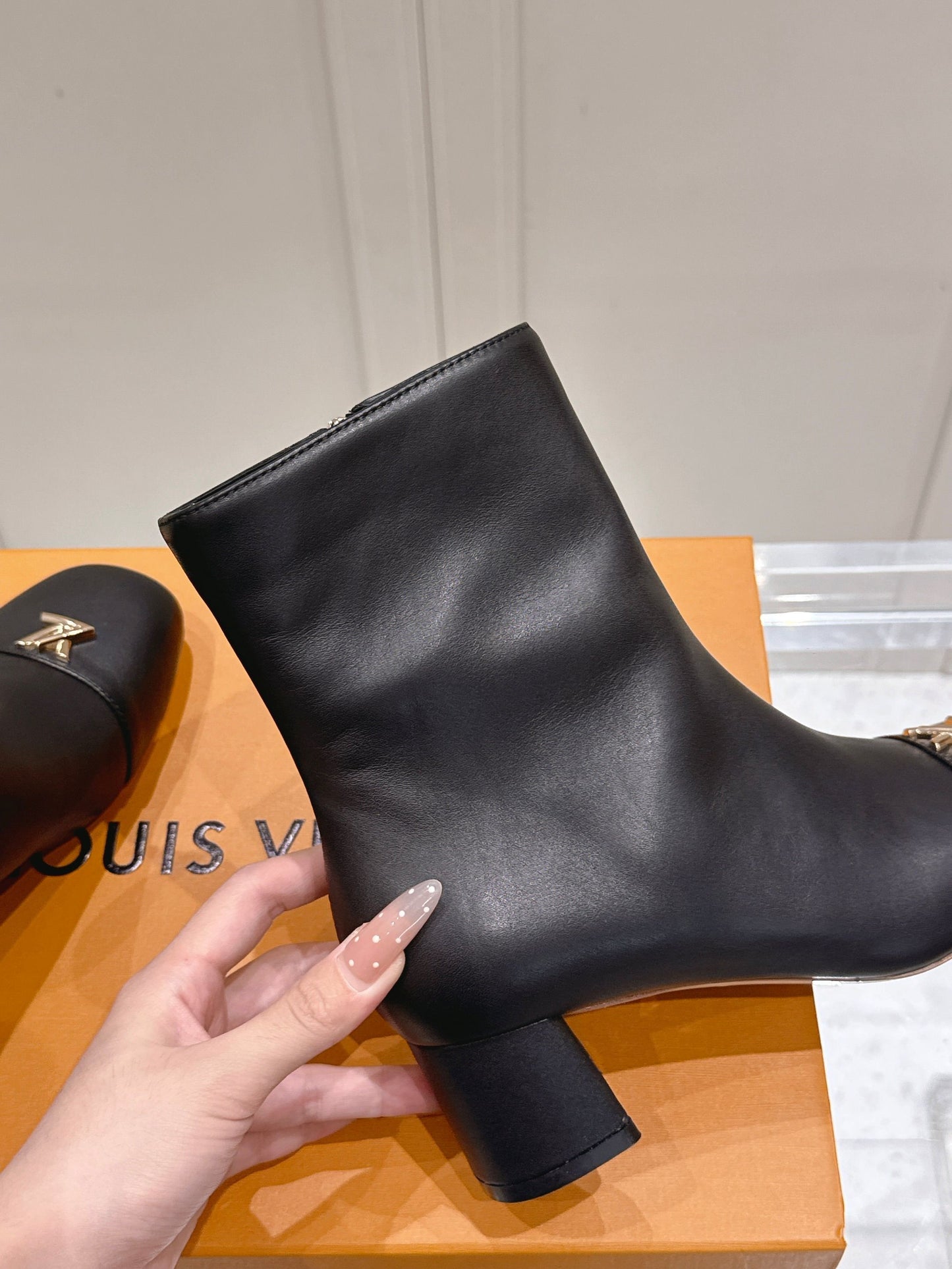LV Shake Ankle Boot – Matte Calfskin Block Heel Boots with Gold LV Twist Signature