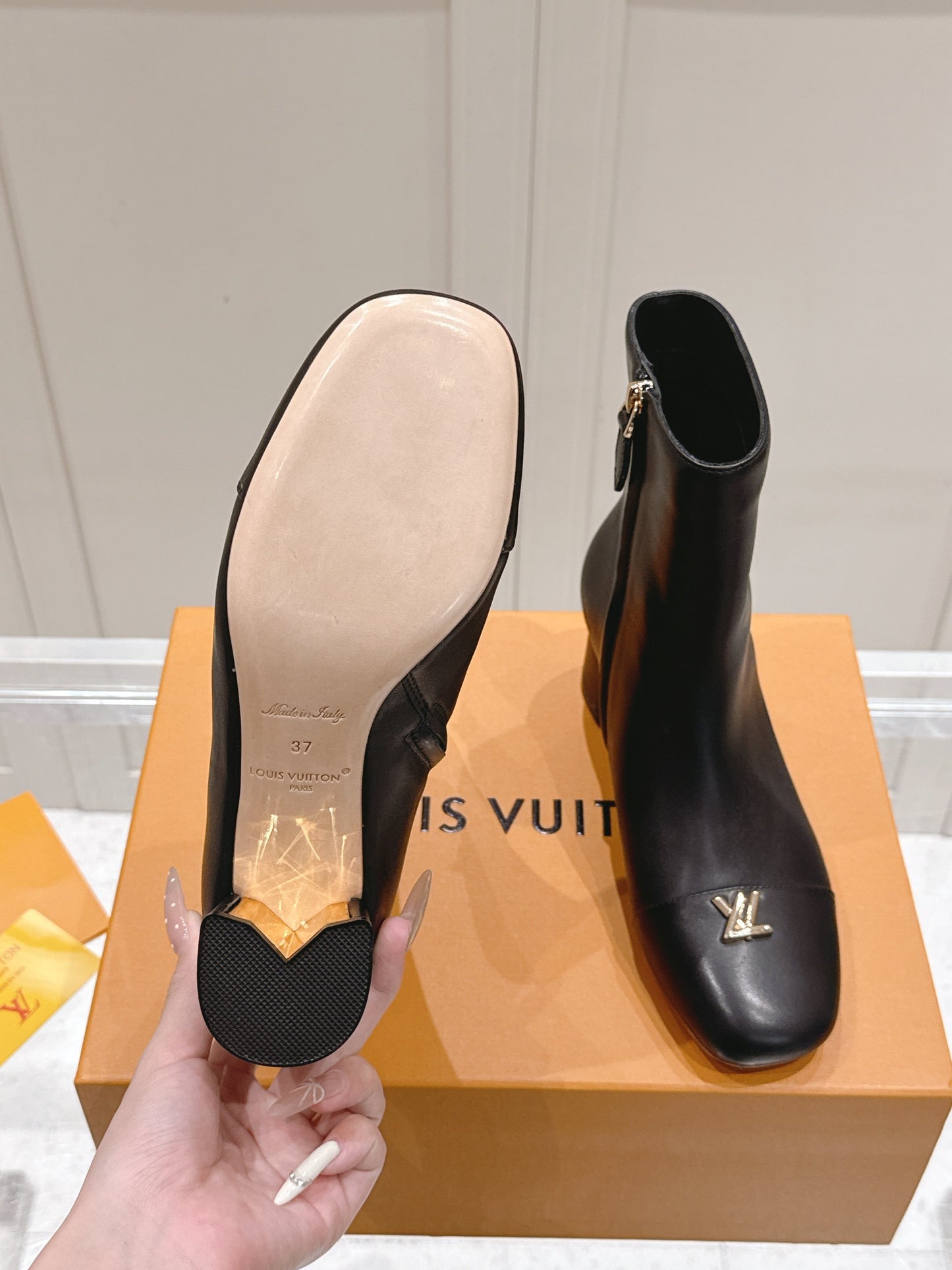 LV Shake Ankle Boot – Matte Calfskin Block Heel Boots with Gold LV Twist Signature
