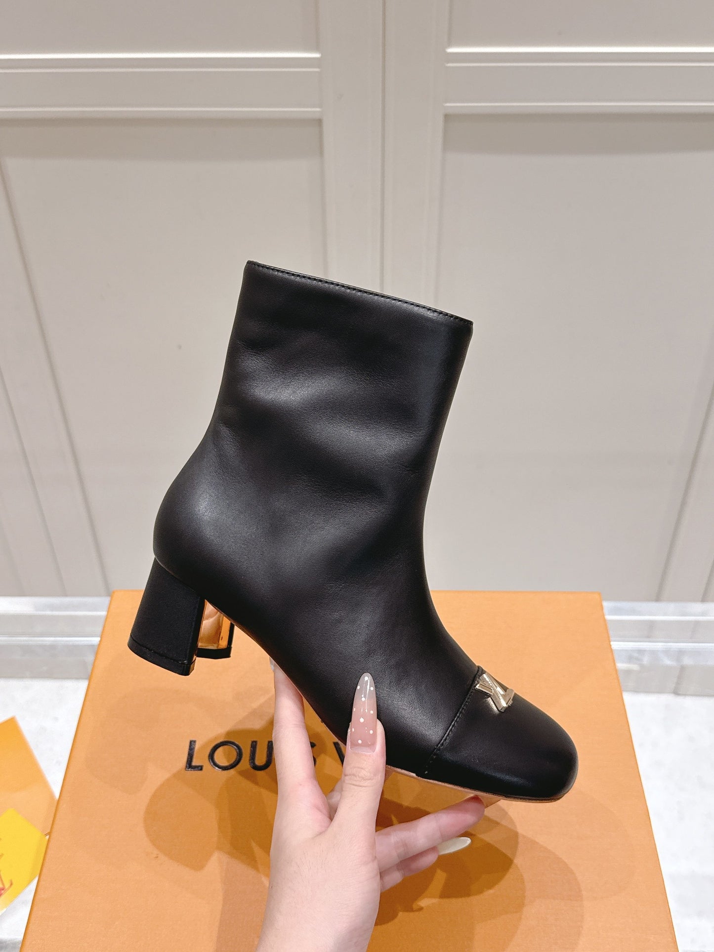 LV Shake Ankle Boot – Matte Calfskin Block Heel Boots with Gold LV Twist Signature