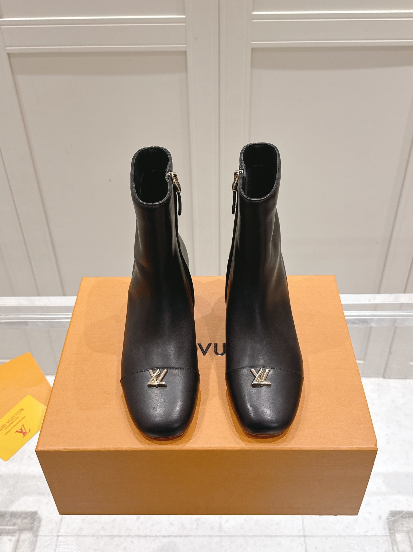 LV Shake Ankle Boot – Matte Calfskin Block Heel Boots with Gold LV Twist Signature
